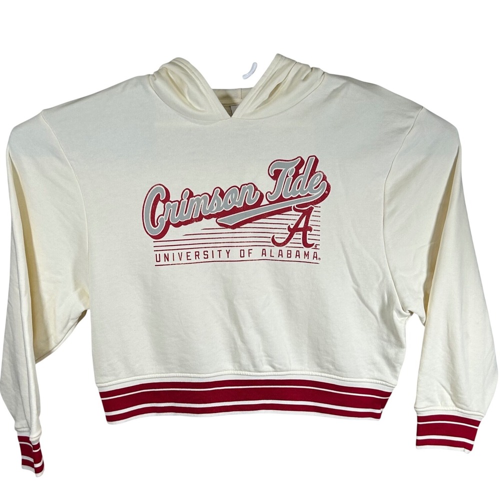 Champion Alabama Crimson Tide Cropped Hoodie Cream Red Striped Trim Large New